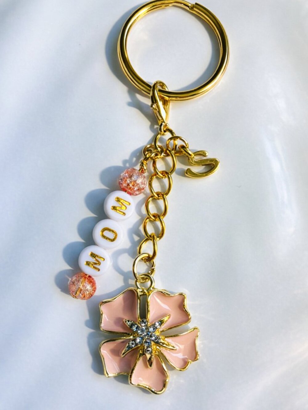 Pink Flower MOM Keychain • Gold Initial Charm • Mother’s Day Gift